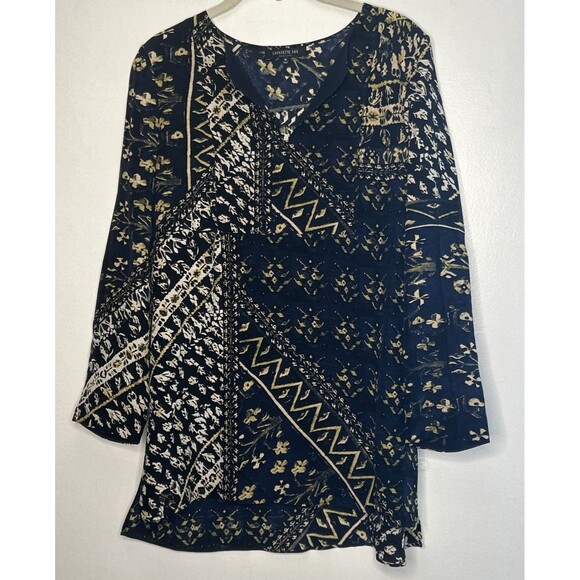 LAFAYETTE 148 SILK TUNIC Womens Medium abstract print Navy Blue Career Lagenlook - Picture 1 of 4